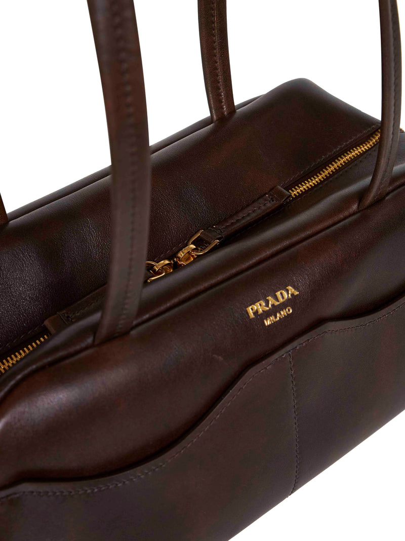 Prada Antiqued Calf Leather Shoulder Bag — Brown