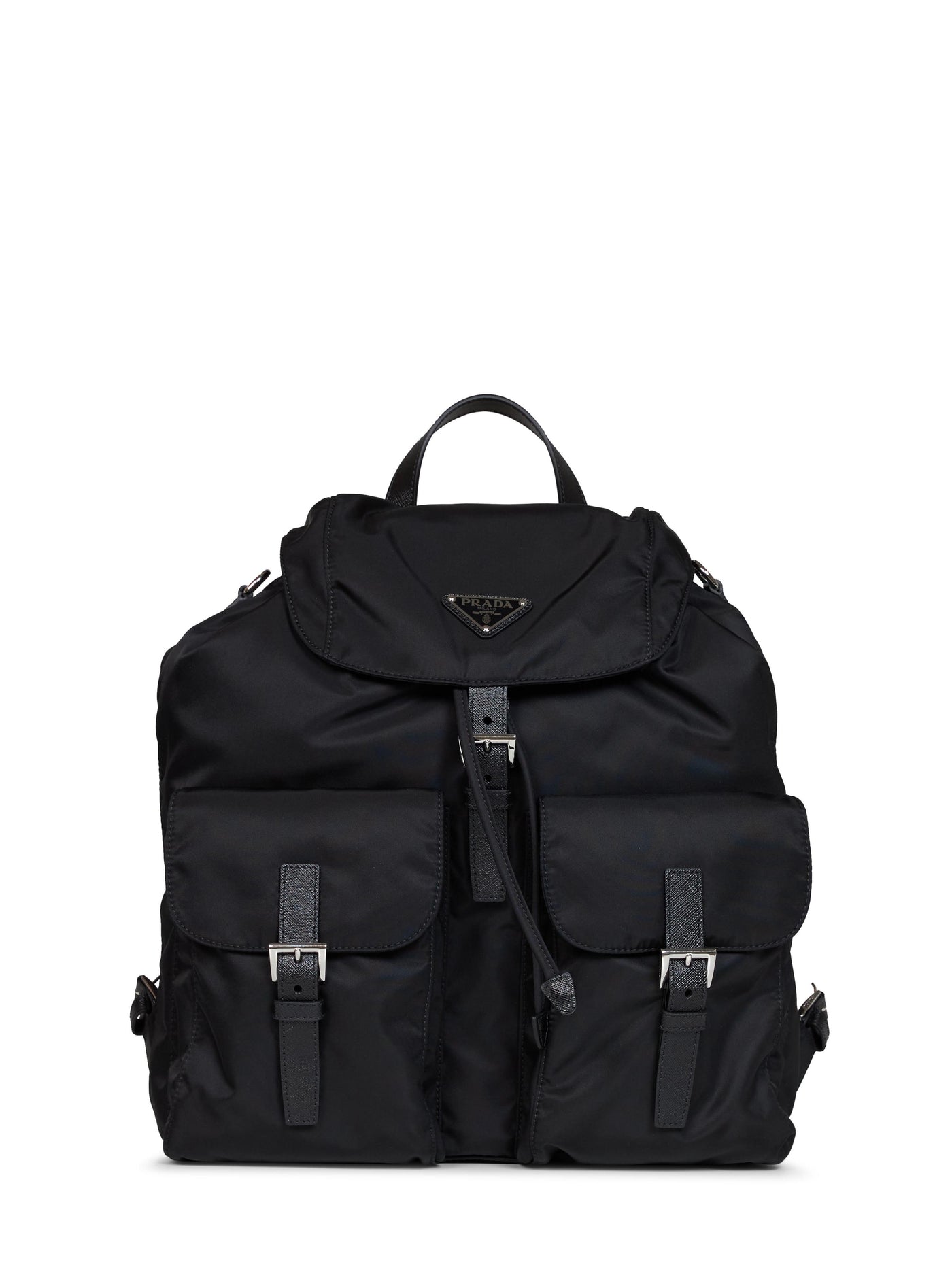 Prada Re-Nylon With Saffiano Leather Trim Backpack — Black Recycled Polyamide