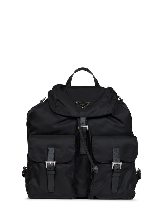 Prada Re-Nylon With Saffiano Leather Trim Backpack — Black Recycled Polyamide