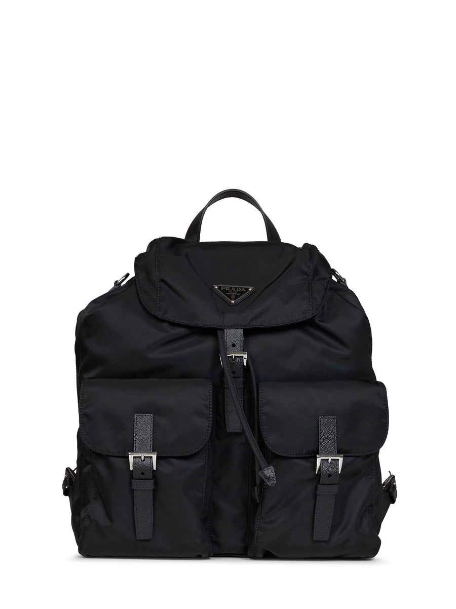 Prada Re-Nylon With Saffiano Leather Trim Backpack — Black Recycled Polyamide