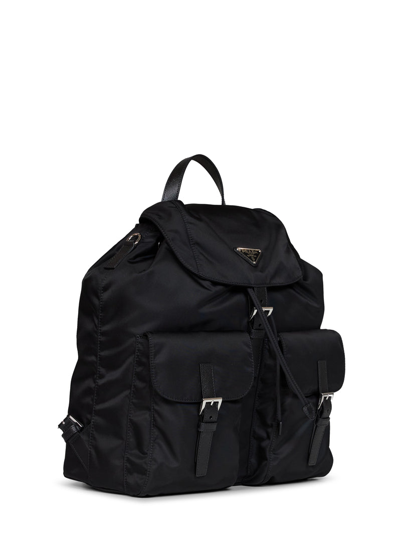 Prada Re-Nylon With Saffiano Leather Trim Backpack — Black Recycled Polyamide