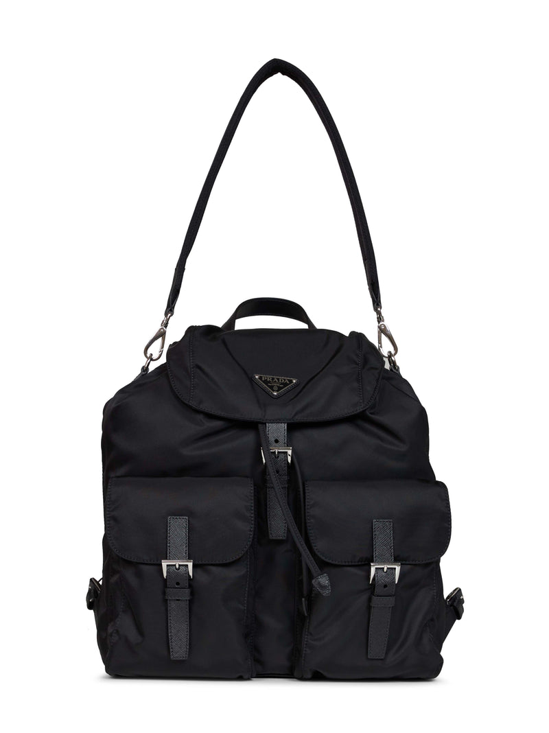 Prada Re-Nylon With Saffiano Leather Trim Backpack — Black Recycled Polyamide