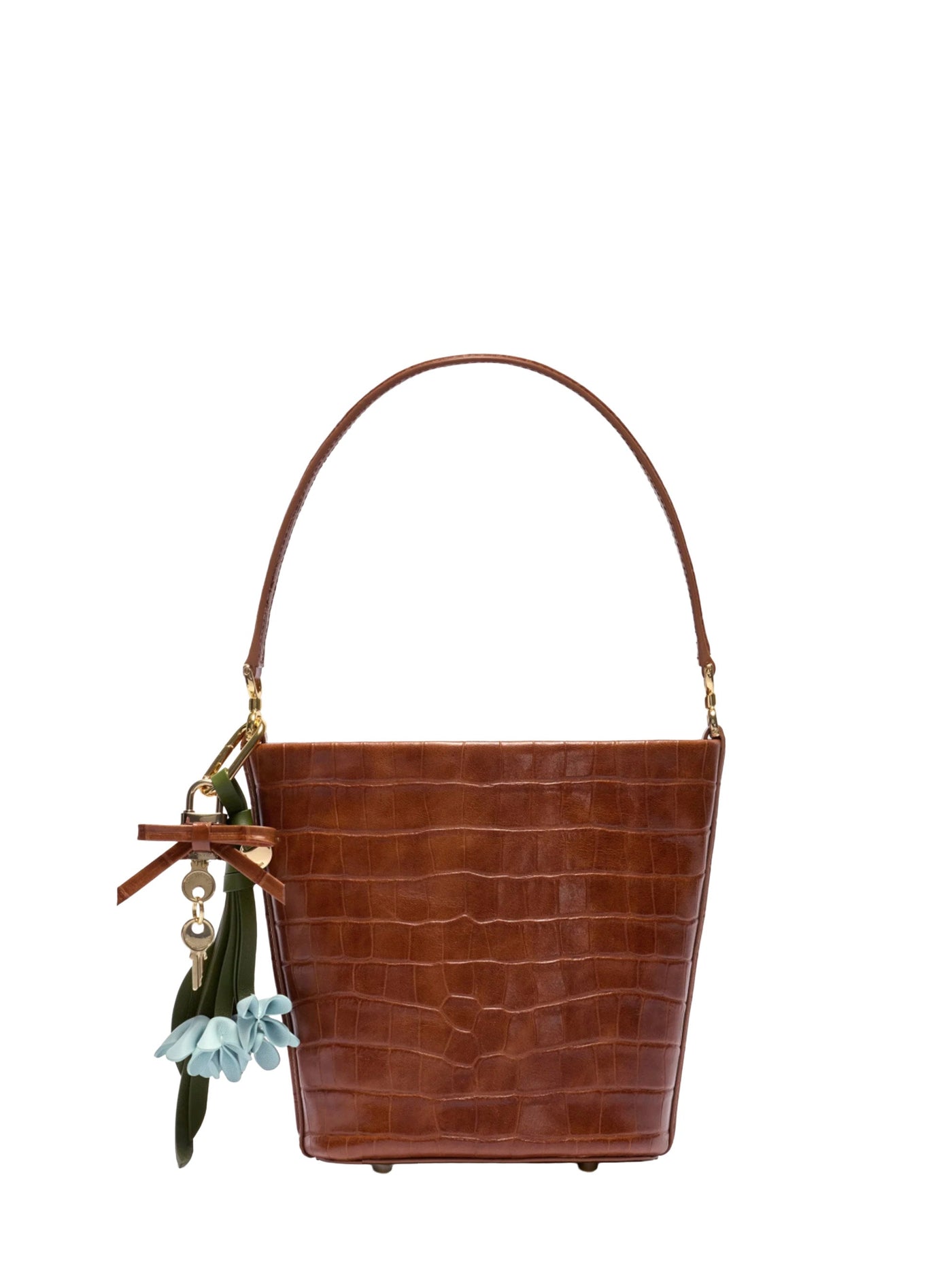 Self-Portrait Crocodile-Embossed Calf Leather Bucket Bag — Brown