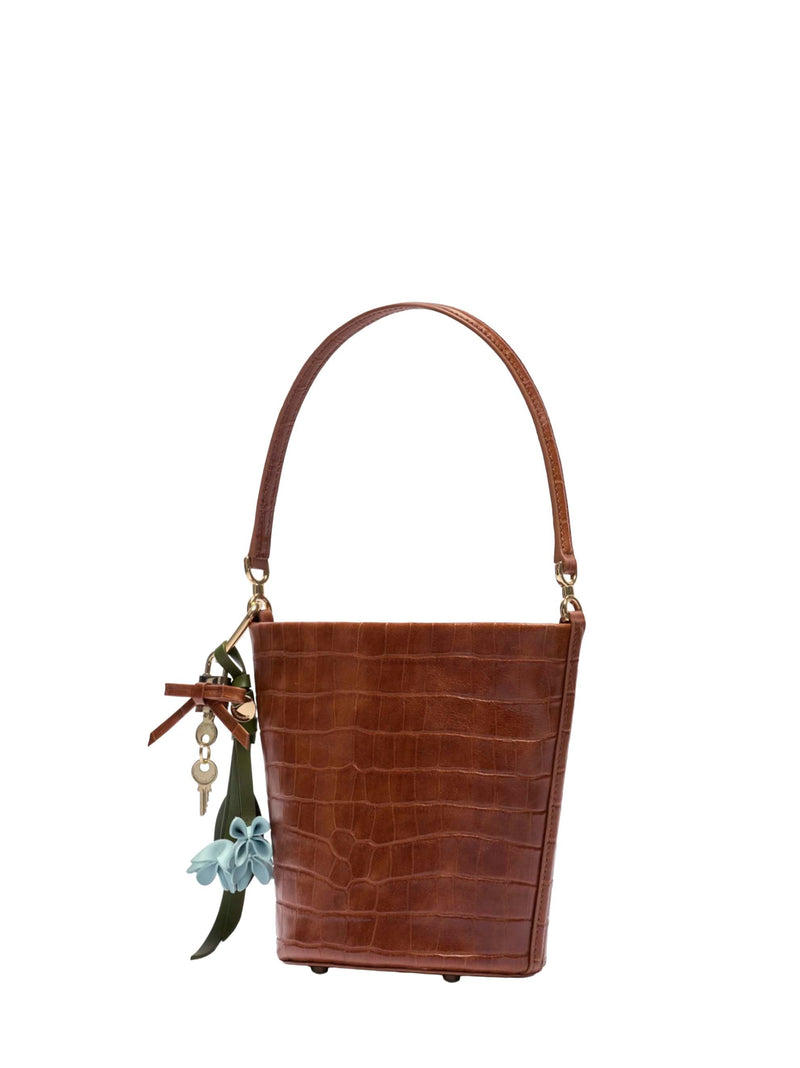 Self-Portrait Crocodile-Embossed Calf Leather Bucket Bag — Brown