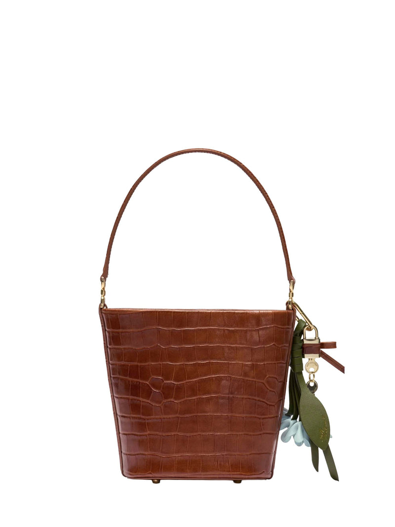 Self-Portrait Crocodile-Embossed Calf Leather Bucket Bag — Brown