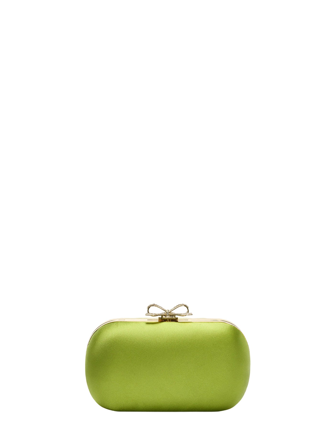 Self-Portrait Crystal-Bow Satin Clutch — Green Polyester