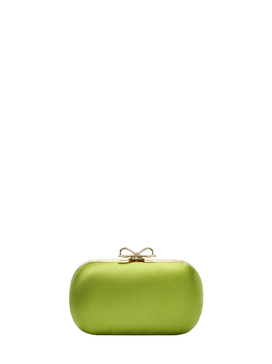 Self-Portrait Crystal-Bow Satin Clutch — Green Polyester
