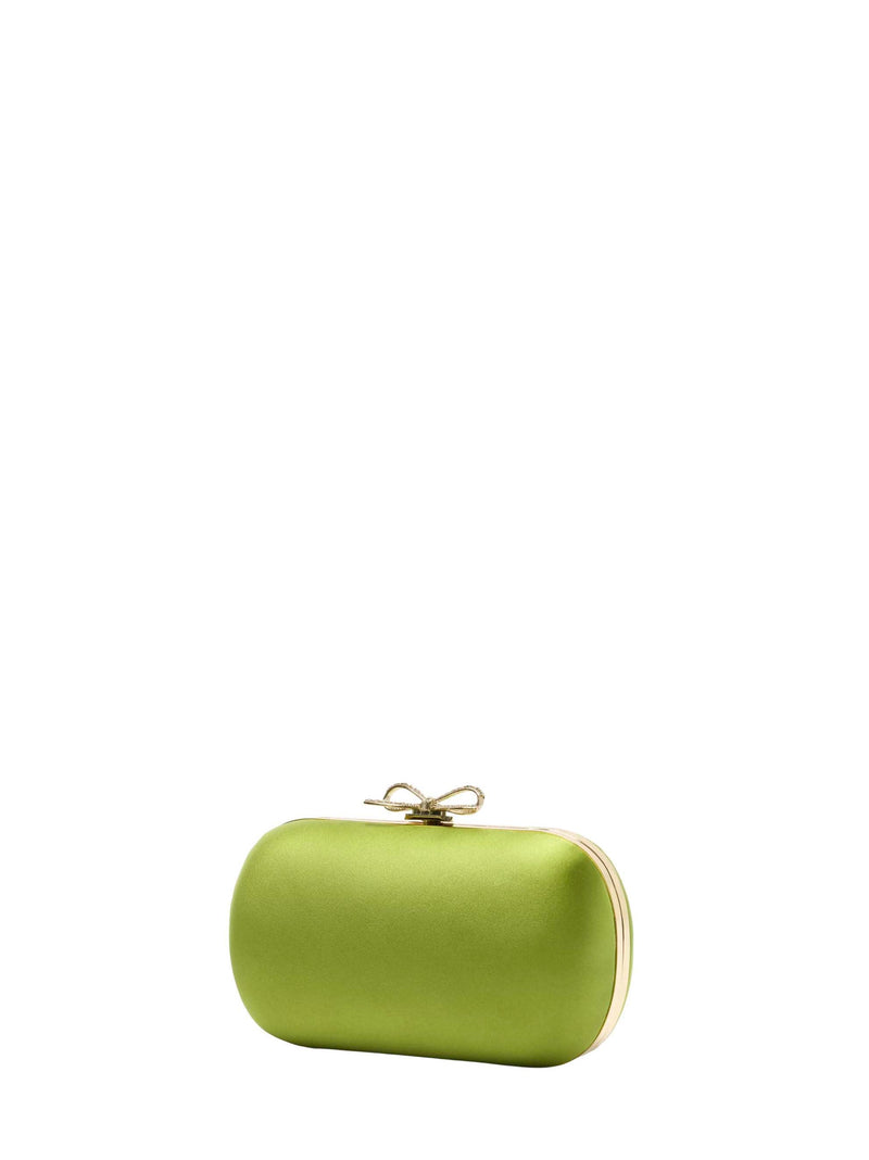 Self-Portrait Crystal-Bow Satin Clutch — Green Polyester