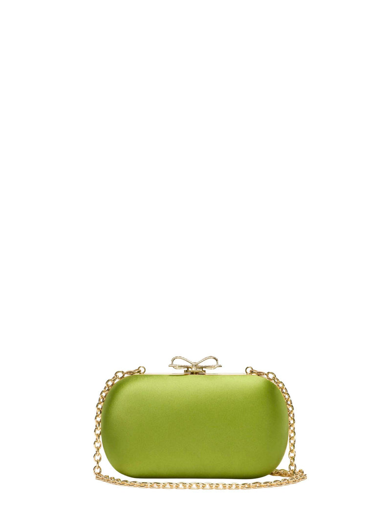 Self-Portrait Crystal-Bow Satin Clutch — Green Polyester
