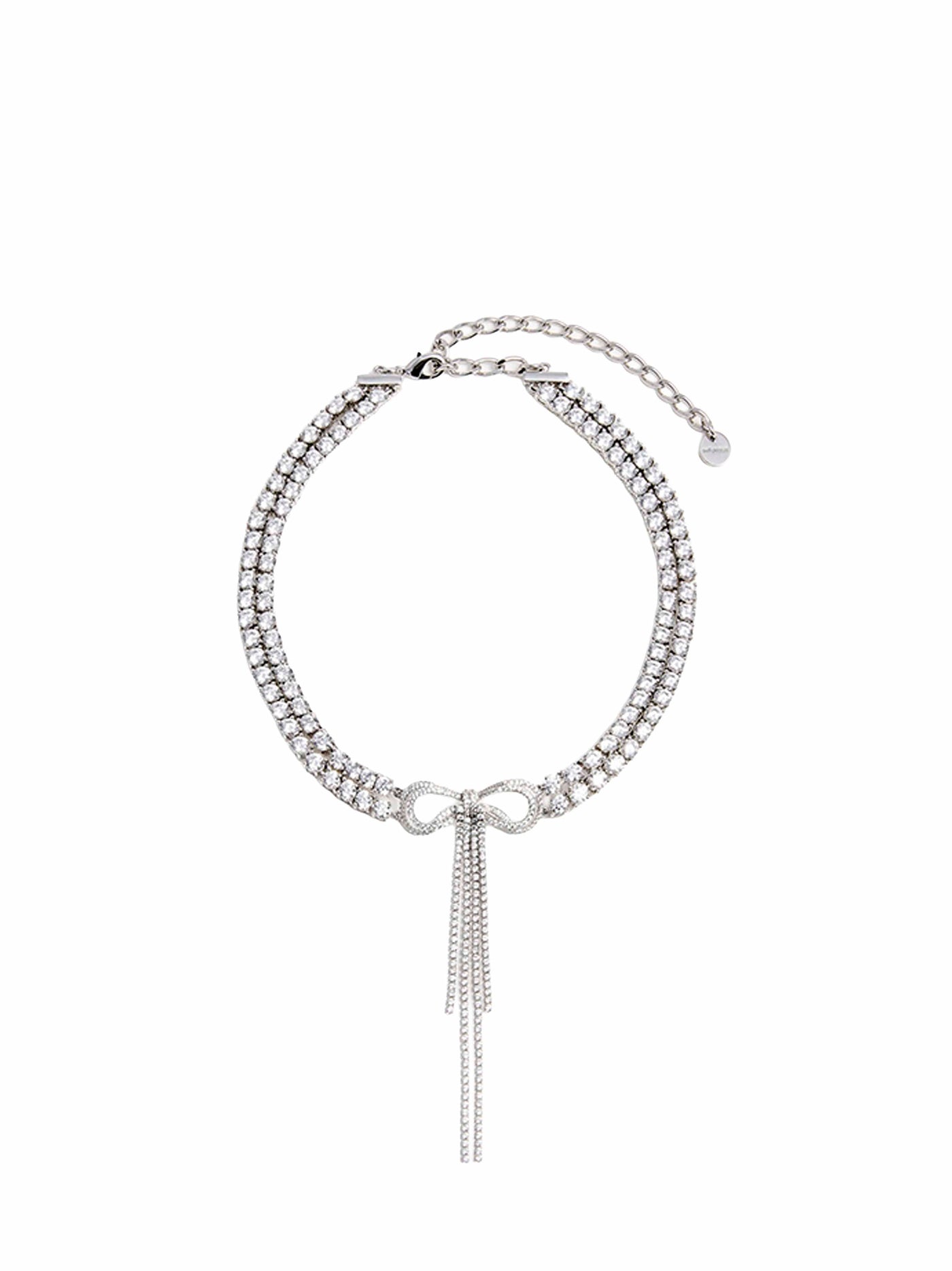 Self-Portrait Double Crystal Bow Choker Necklace — Silver Brass - Cubic Zirconia Necklaces