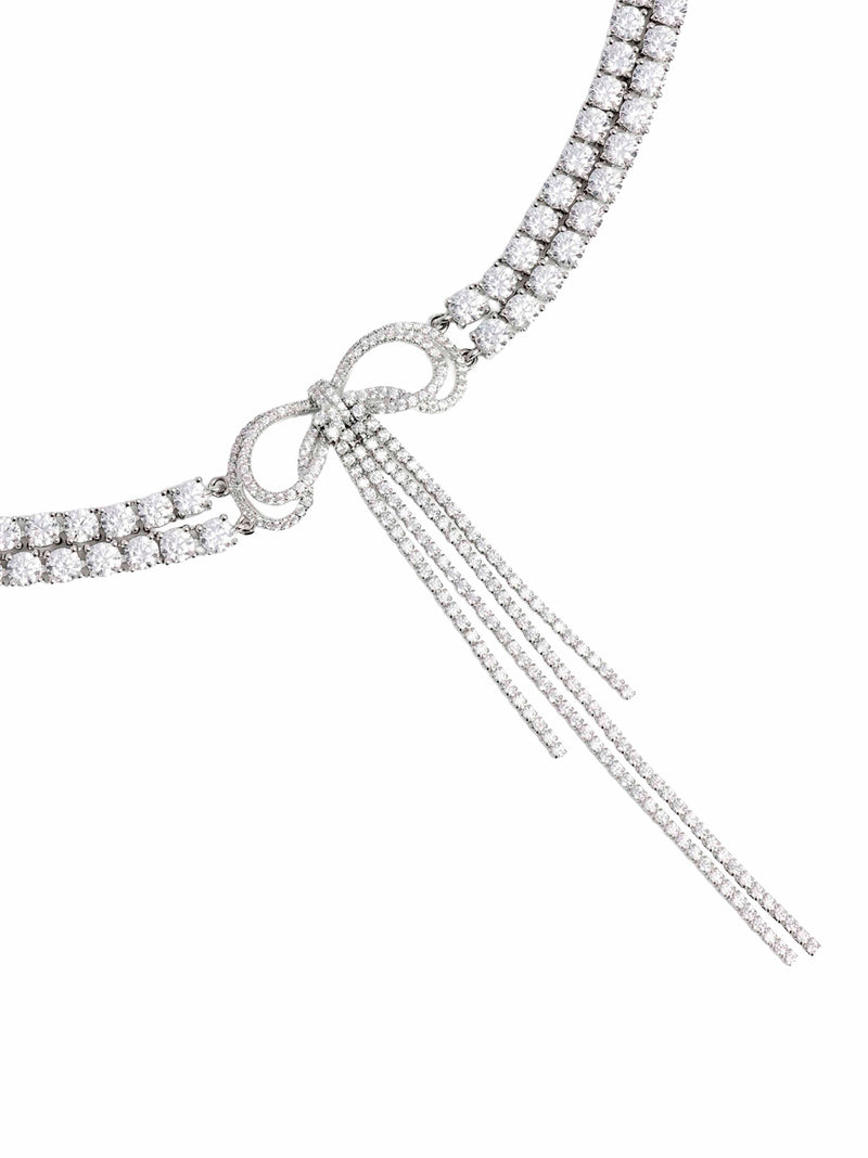 Self-Portrait Double Crystal Bow Choker Necklace — Silver Brass - Cubic Zirconia Necklaces