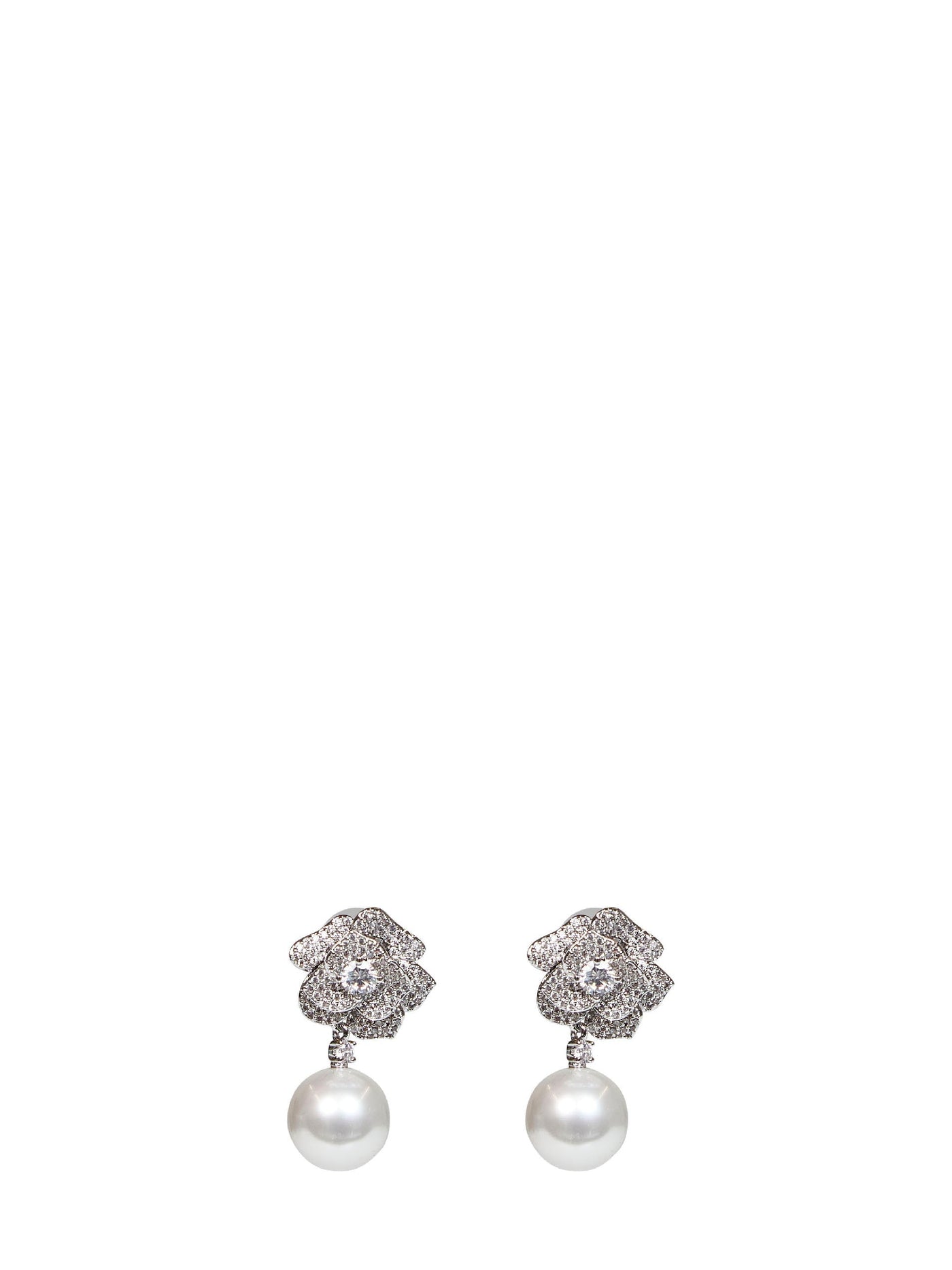 Self-Portrait Crystal Flower Pearl Drop Earrings — Silver Hypoallergenic Brass