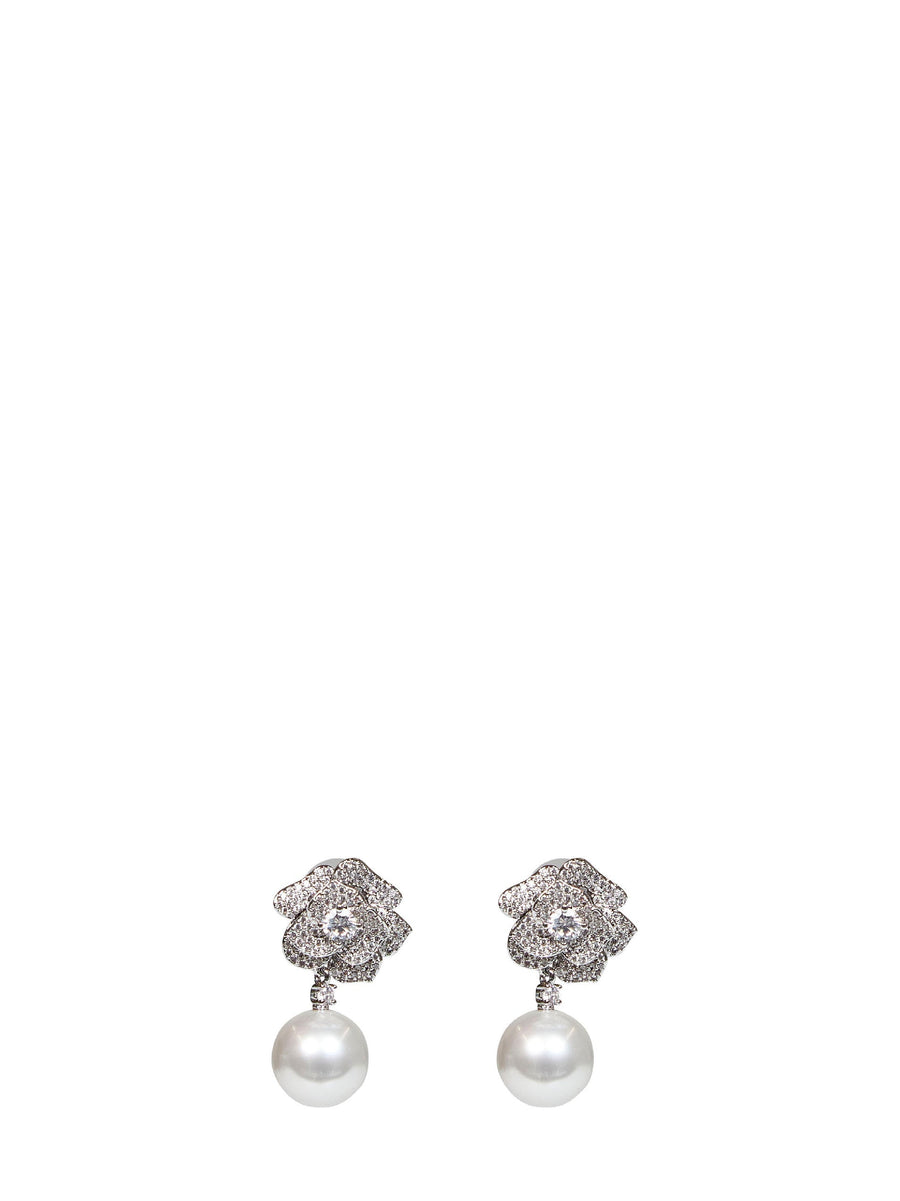 Self-Portrait Crystal Flower Pearl Drop Earrings — Silver Hypoallergenic Brass