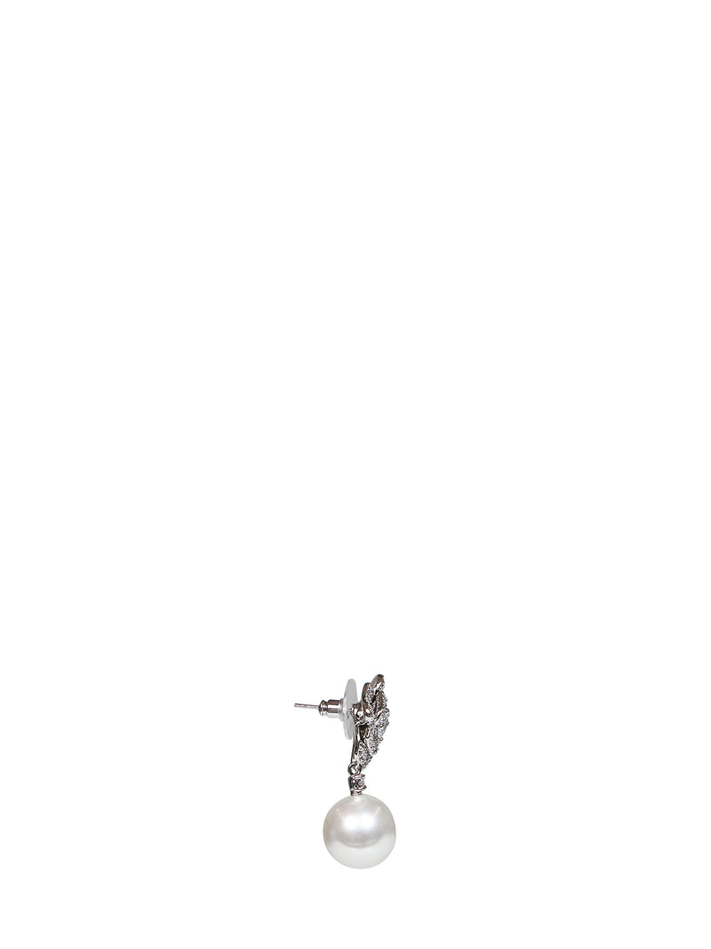 Self-Portrait Crystal Flower Pearl Drop Earrings — Silver Hypoallergenic Brass
