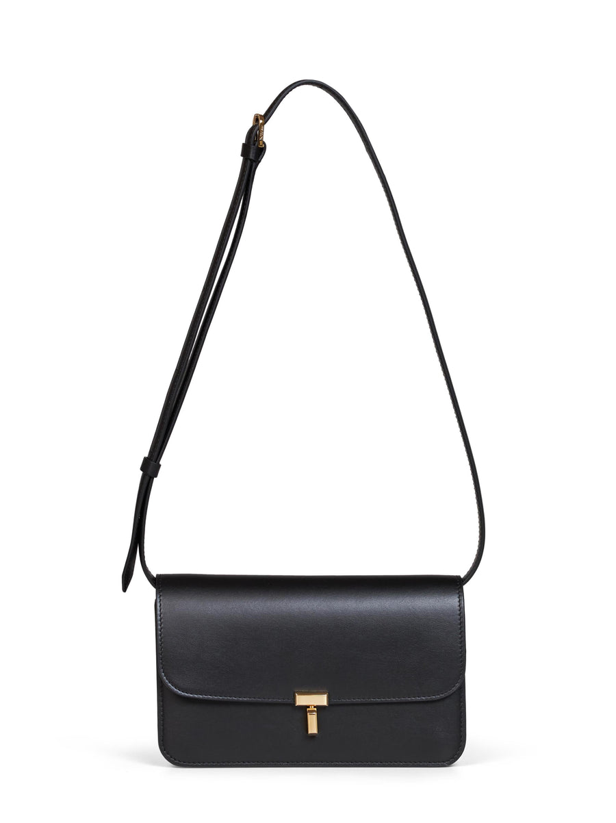 Toteme T-Lock Foldover Crossbody Bag — Black Cow Leather