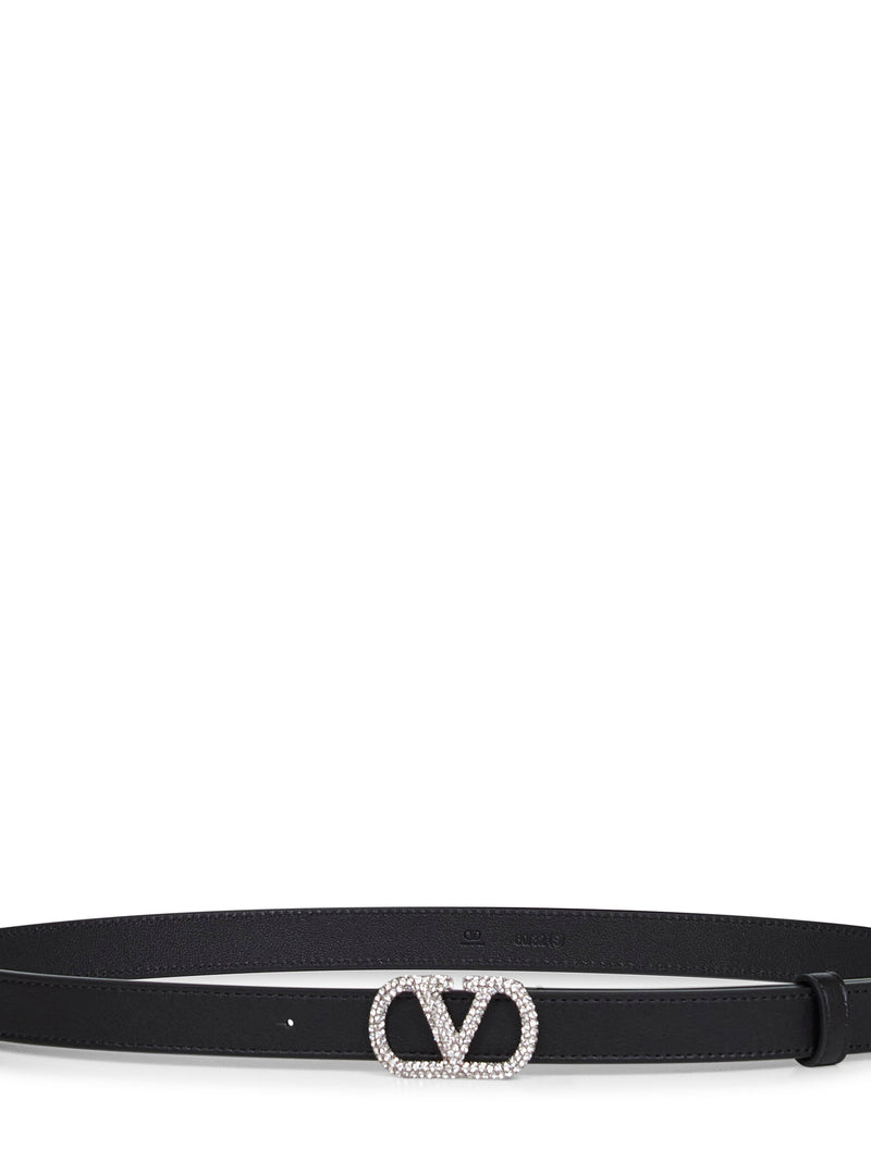 Valentino Garavani Crystal-Embellished Vlogo Signature Belt — Black Calf Leather
