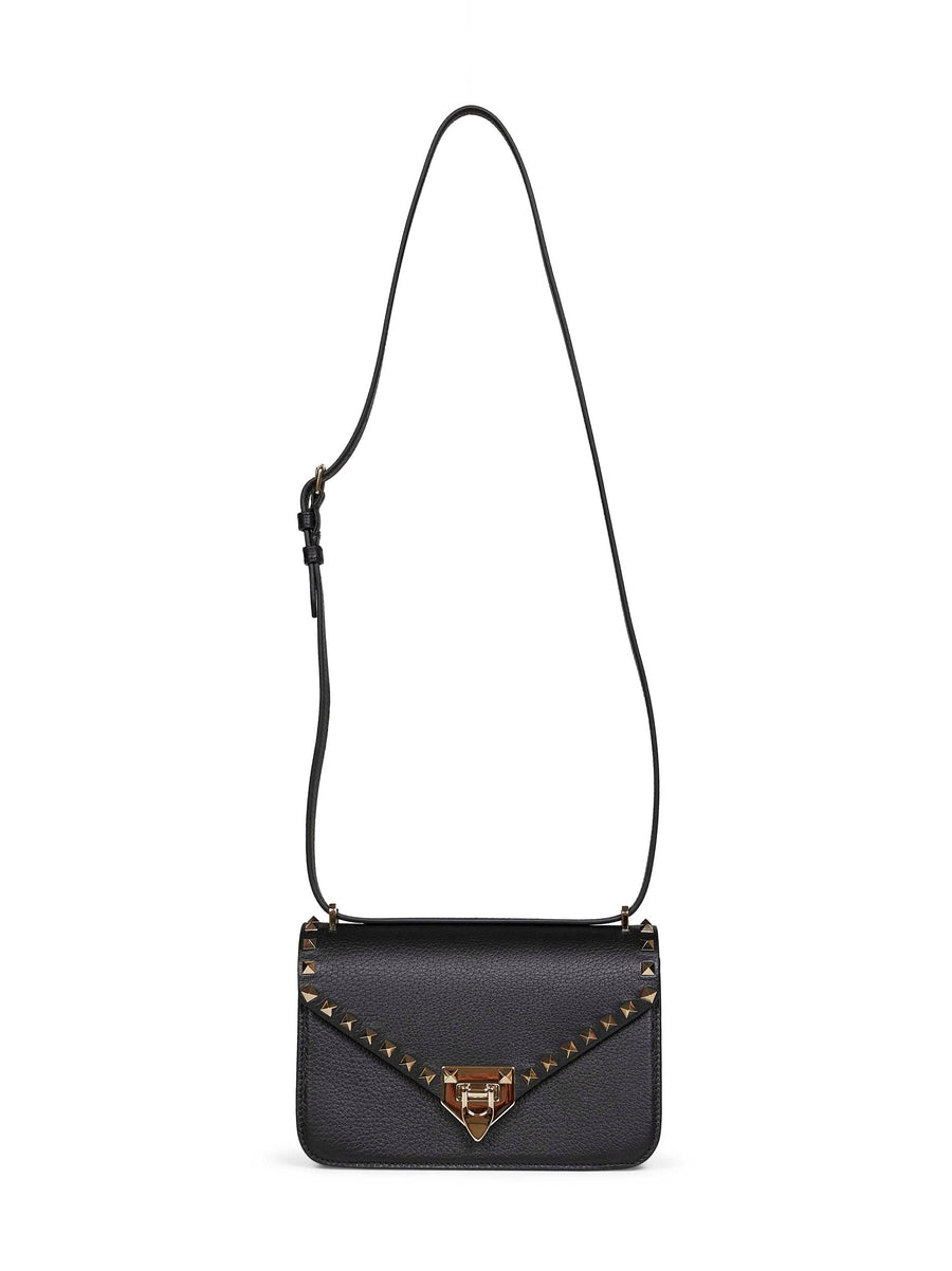 Valentino Garavani Pyramid-Studded Calfskin Crossbody Bag — Black Calf Leather