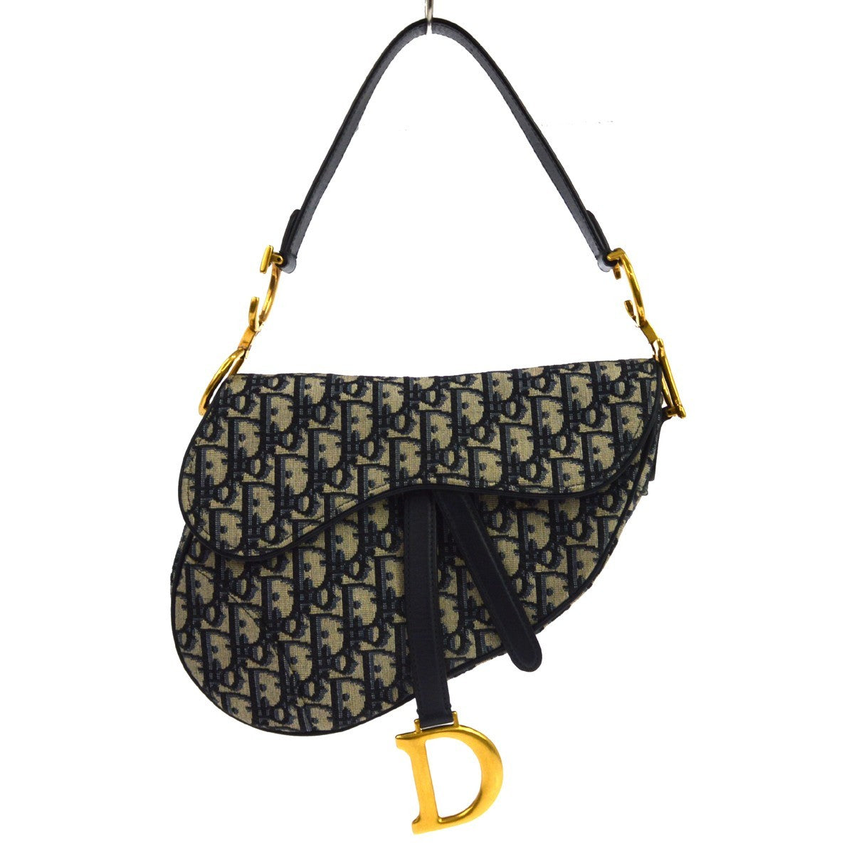 Christian Dior Saddle Handbag With Strap Oblique Canvas Navy Bag