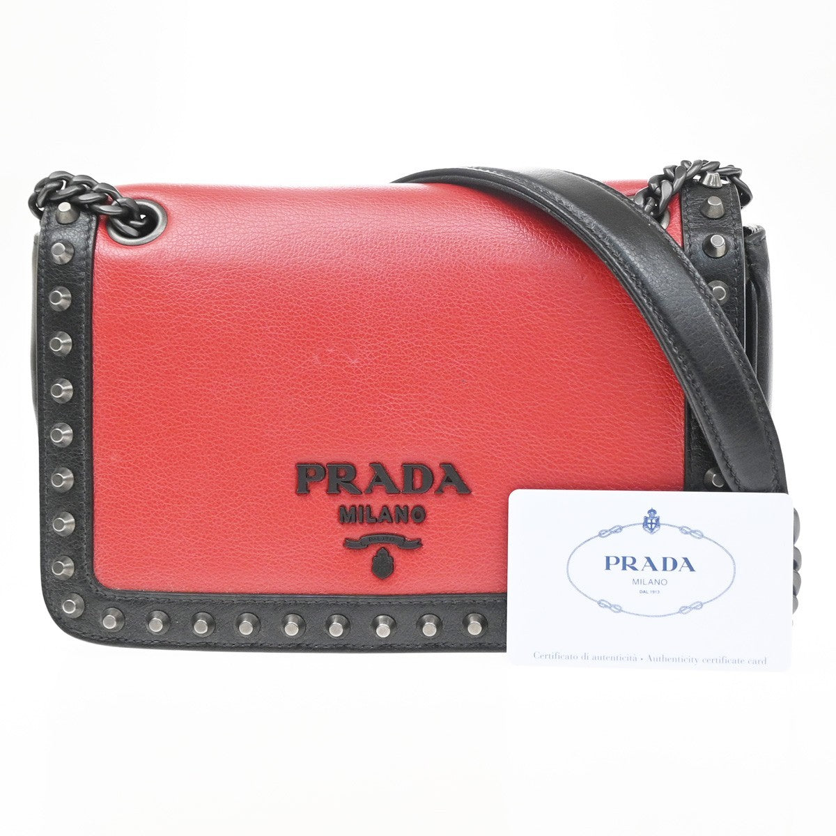 Prada Chain Flap Bag Studded Glace Calf Red Leather