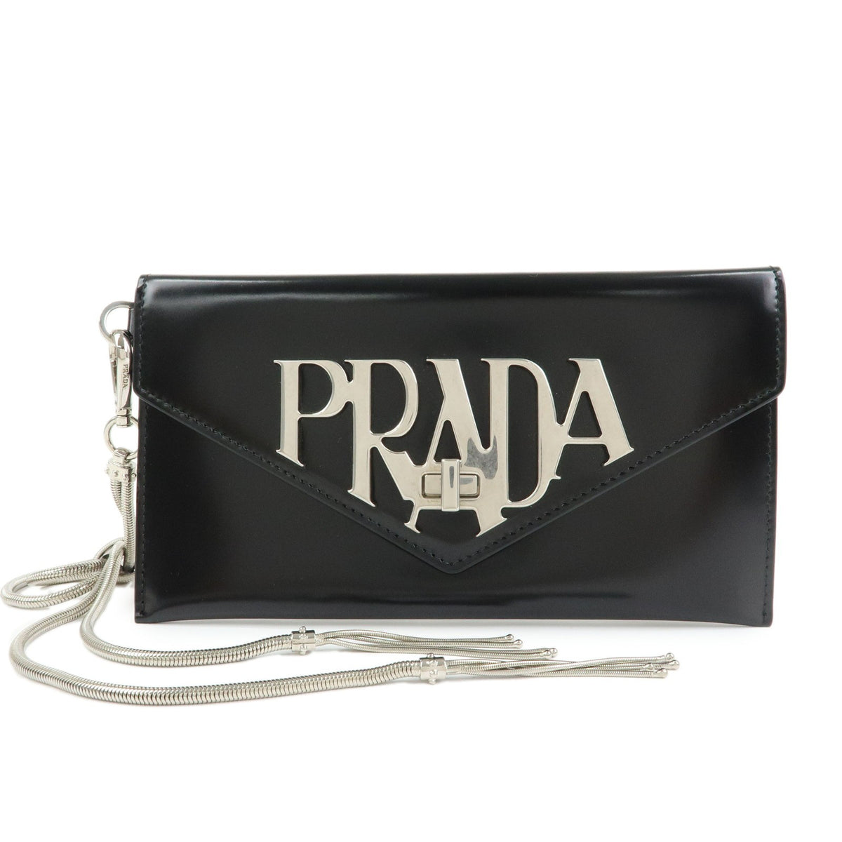 Prada Envelope Logo Clutch Spazzolato Leather Black