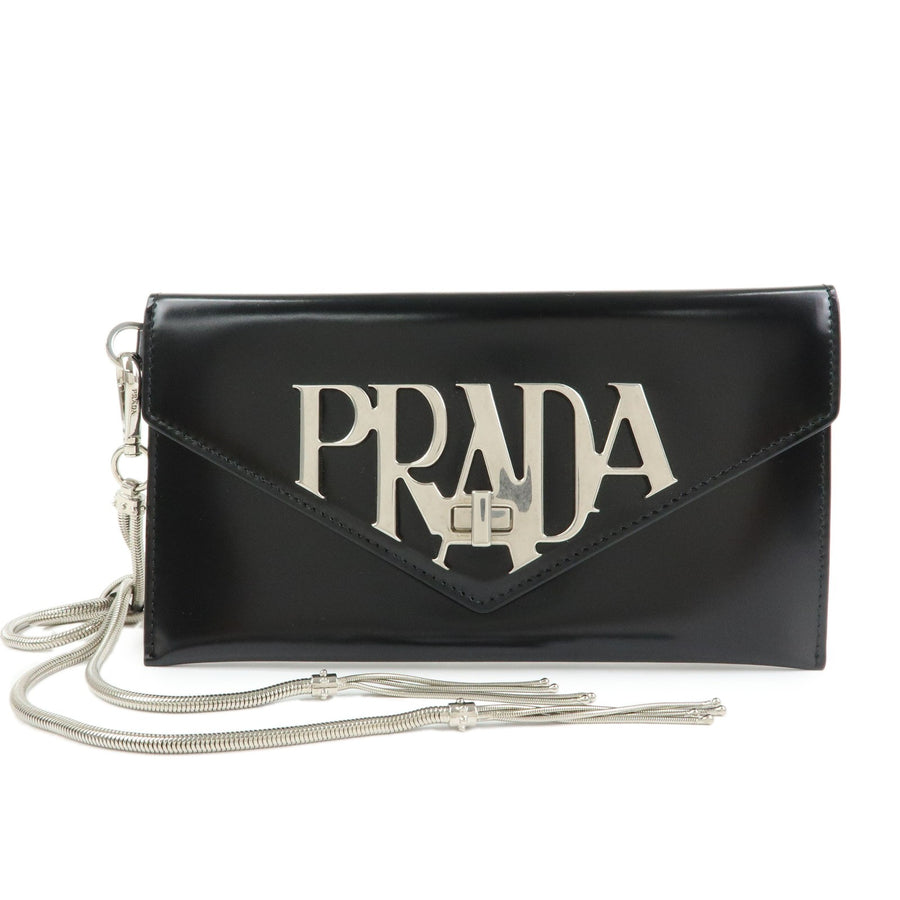 Prada Envelope Logo Clutch Spazzolato Leather Black