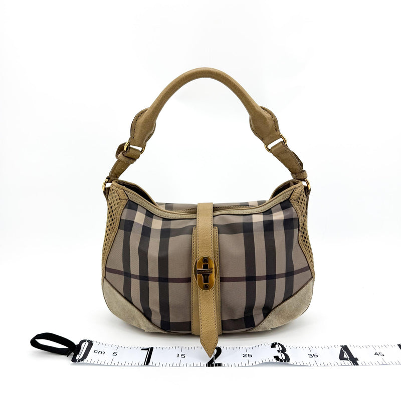 Burberry Ashwood Convertible Hobo House Check Canvas Beige Suede