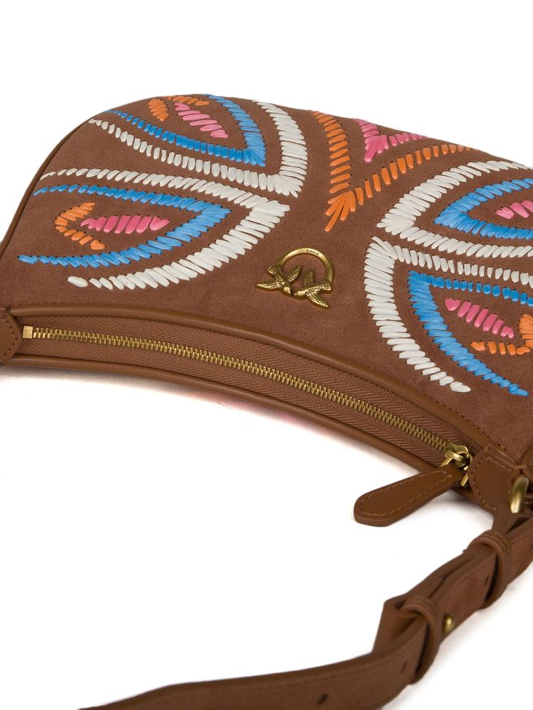 Pinko Hand-Embroidered Rafia Shoulder Bag — Brown Sheep Leather