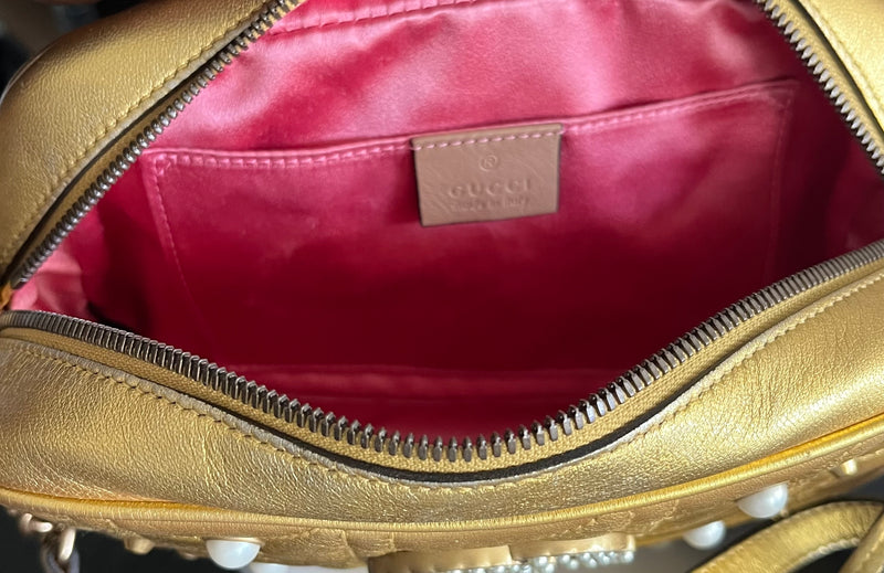 Gucci Pearly Gg Marmont Embellished Matelasse Leather Gold Bag