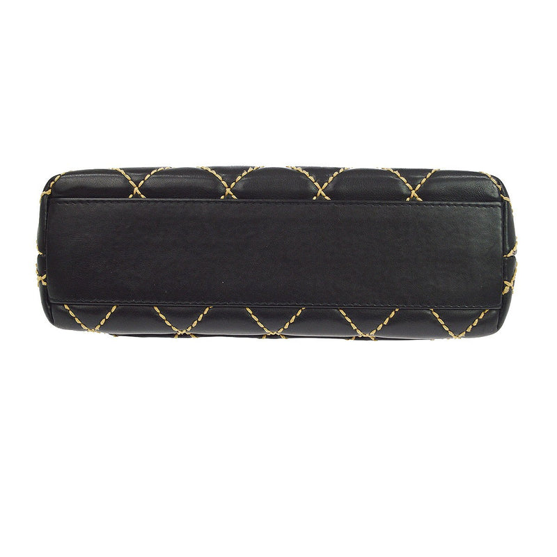 Chanel Surpique Classic Top Handle Flap Quilted Lambskin Black Leather Bag
