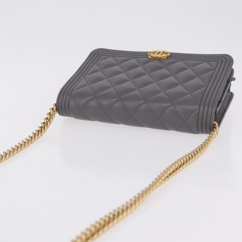 Chanel Boy Wallet On Chain Quilted Caviar Gray Leather Bag