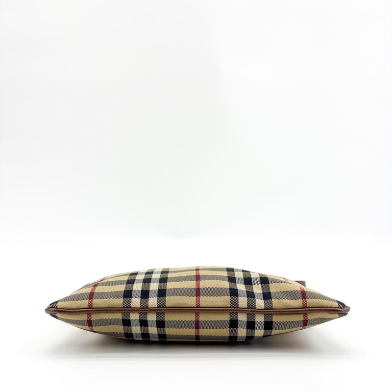 Burberry Peyton Crossbody Clutch Haymarket Coated Canvas Brown