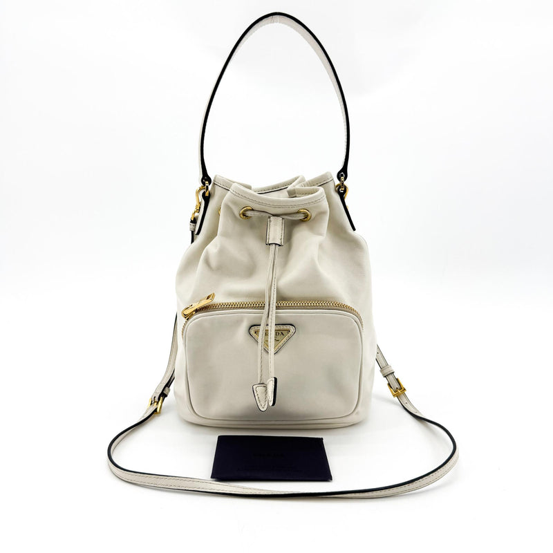 Prada Duet Drawstring Bucket Leather White Bag