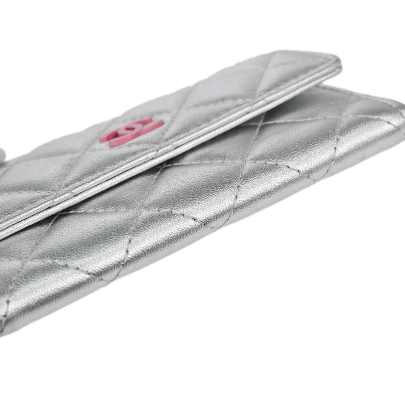 Chanel Cc Flap Card Case Quilted Lambskin Silver Leather Accessory