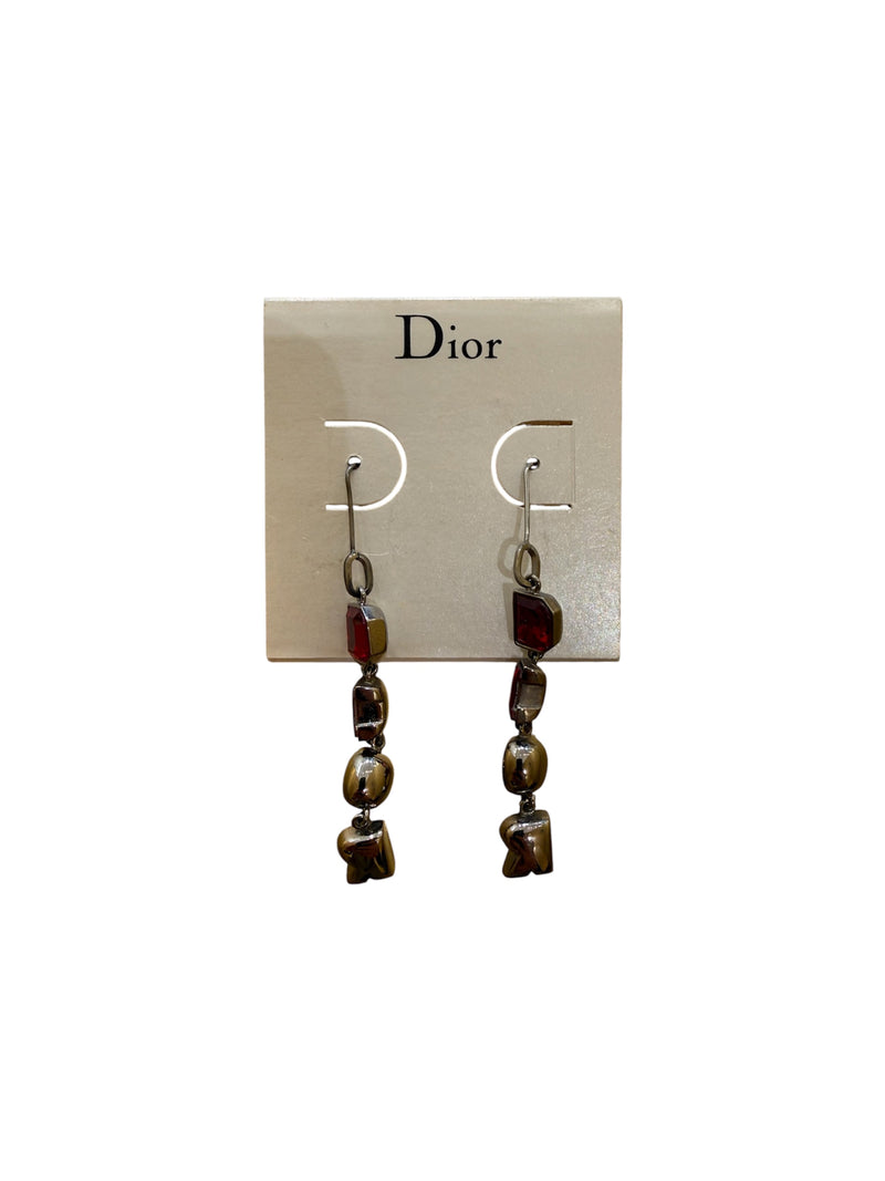 Christian Dior Vintage Heart D Dangling Metal With Rhinestones Red Steel Bijoux