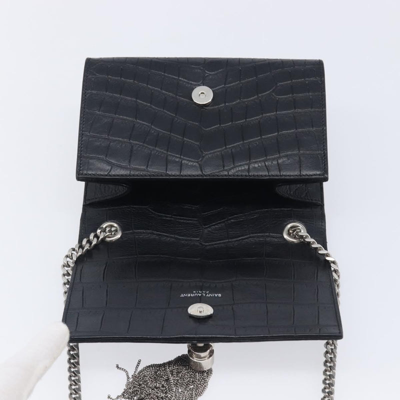 Saint Laurent Classic Monogram Tassel Chain Crocodile Embossed Leather Black Bag