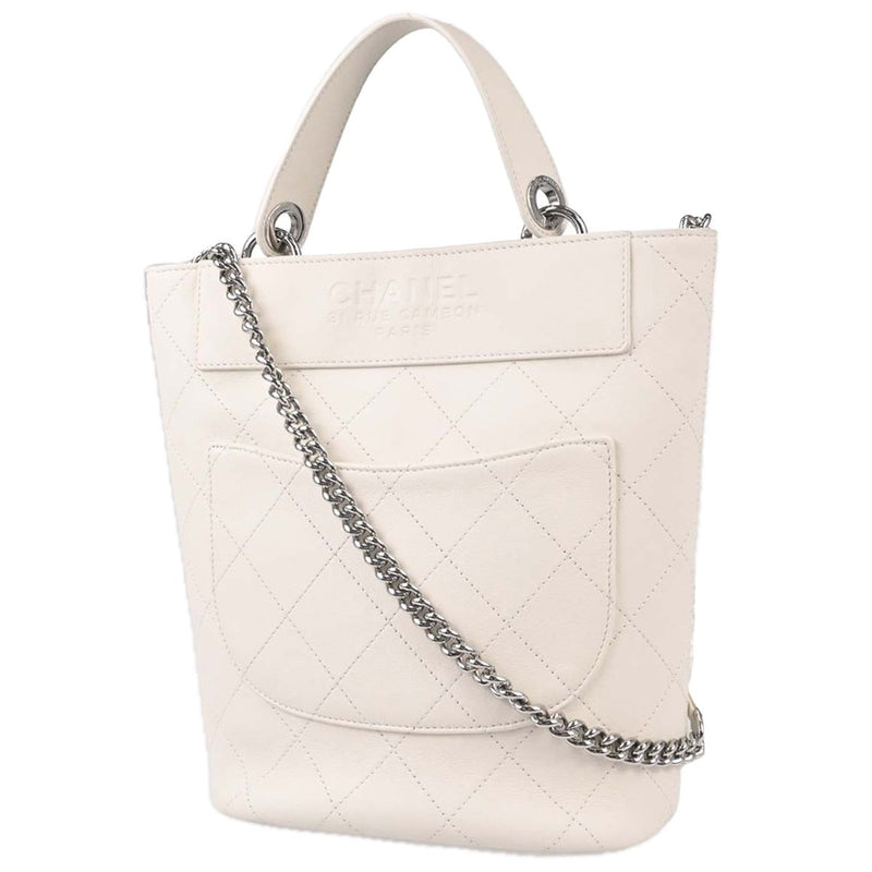 Chanel Cc Top Handle Bucket Stitched Calfskin White Leather Bag