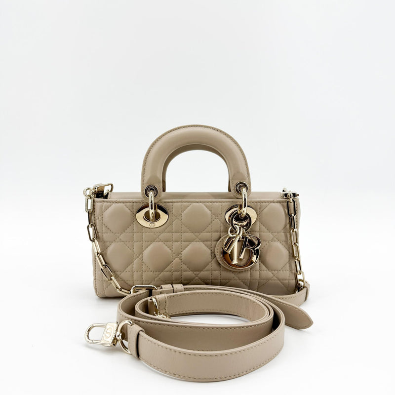 Christian Dior Lady D-Joy Cannage Quilt Lambskin Beige Leather Bag