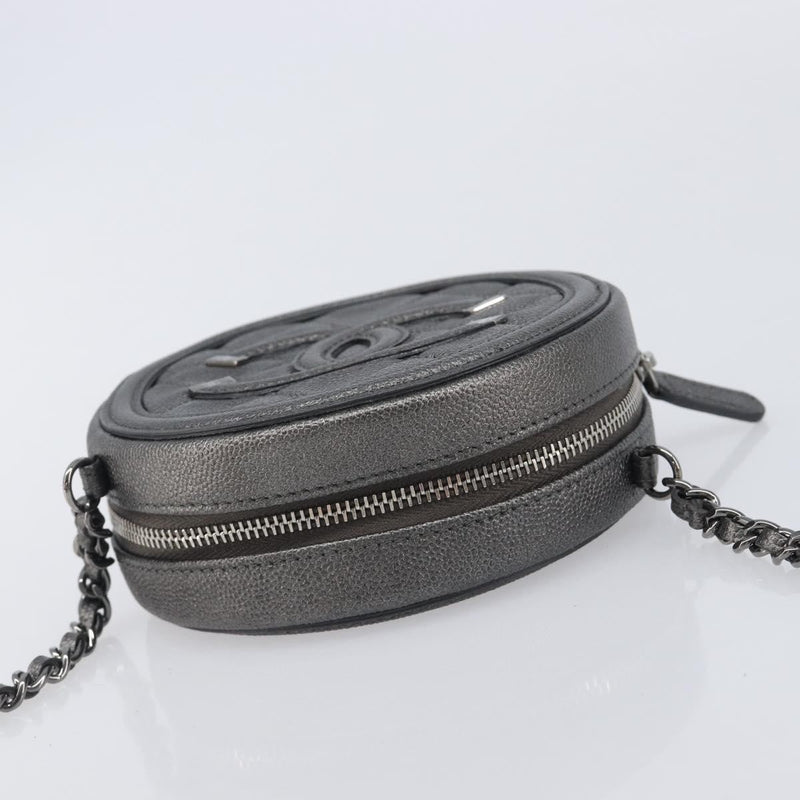 Chanel Filigree Round Clutch With Chain Quilted Iridescent Caviar Gray Leather