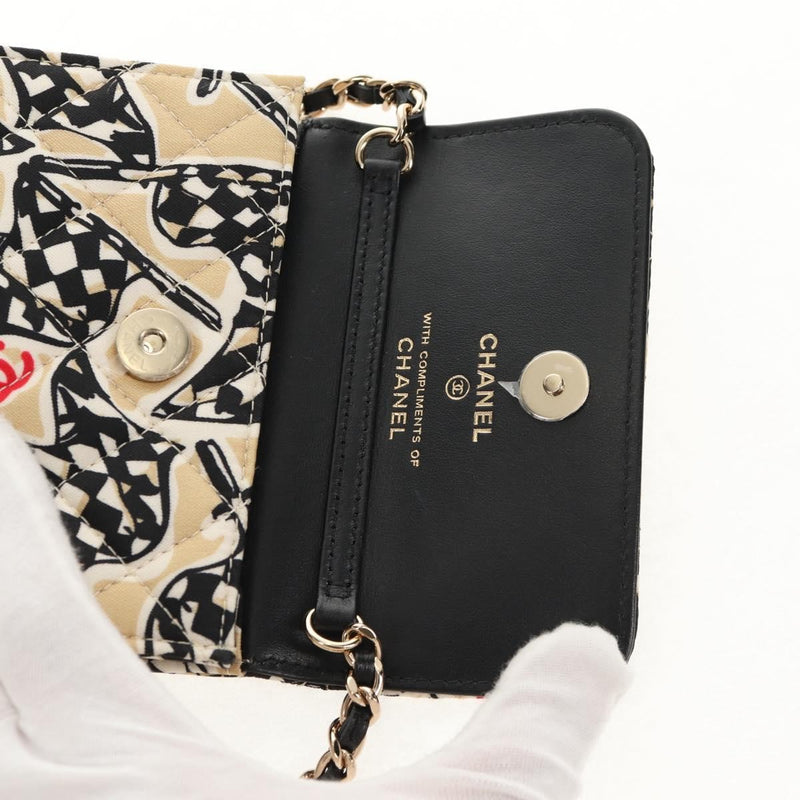 Chanel Flap Card Holder On Chain Quilted Printed Canvas Beige Satin Bag