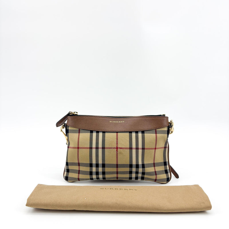 Burberry Peyton Crossbody Clutch Haymarket Coated Canvas Brown
