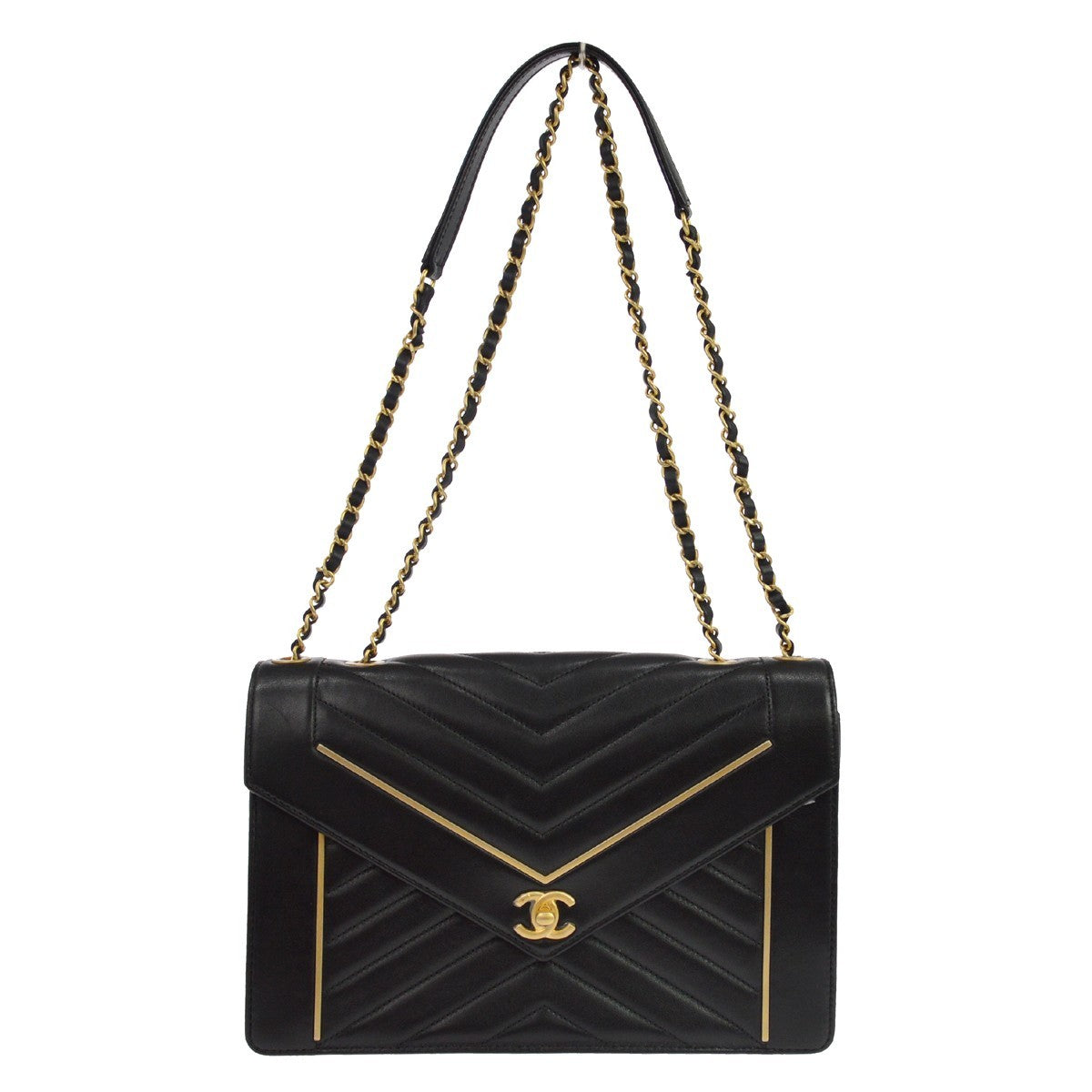 Chanel Reversed Flap Chevron Lambskin Black Leather Bag