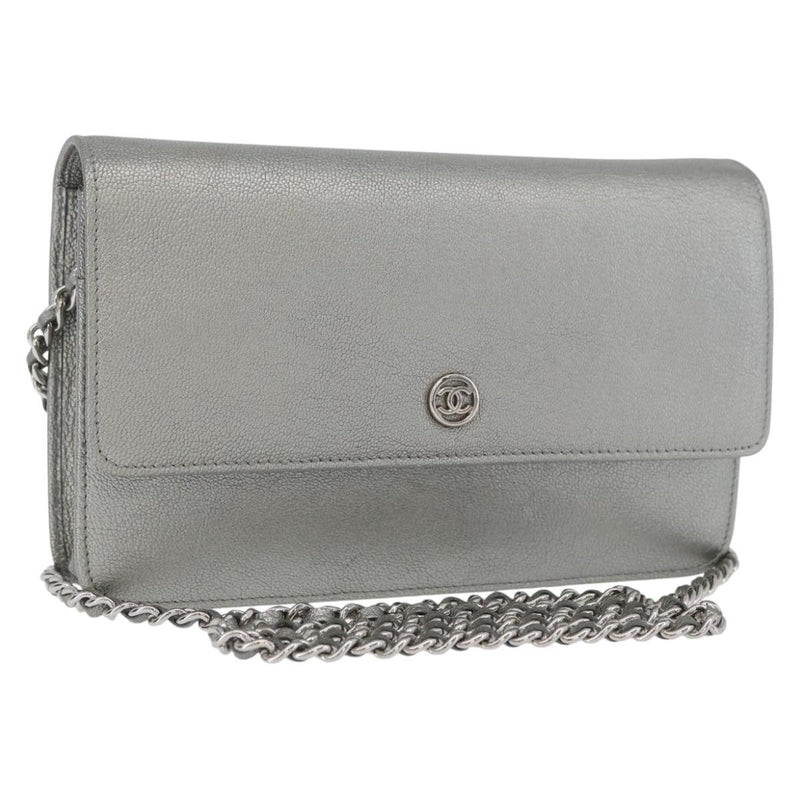 Chanel Round Cc Wallet On Chain Goatskin Silver Leather Bag