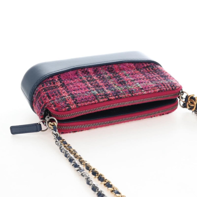 Chanel Gabrielle Double Zip Clutch With Chain Quilted Tweed Pink