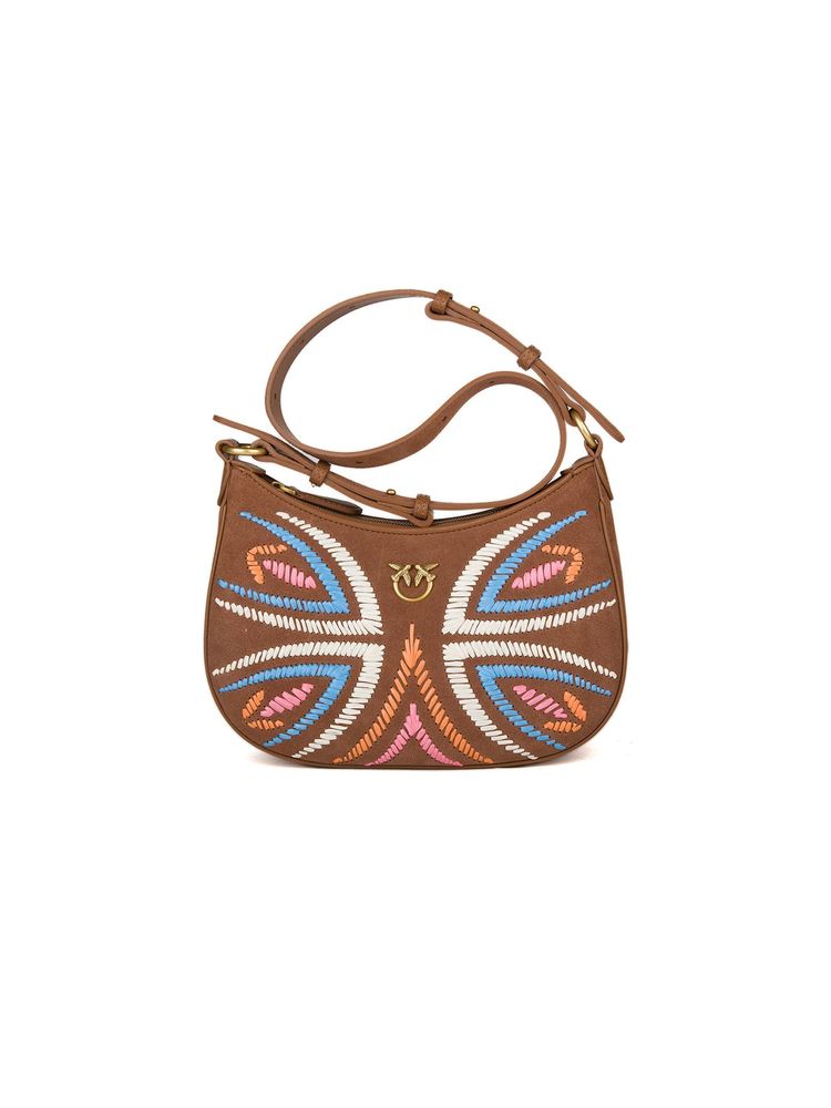 Pinko Hand-Embroidered Rafia Shoulder Bag — Brown Sheep Leather