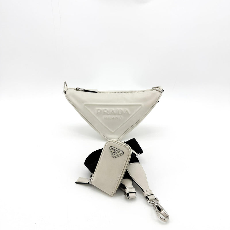Prada Triangle Logo Zip Leather White Bag