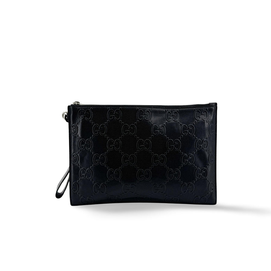 Gucci Wristlet Gg Embossed Perforated Leather Black Bag