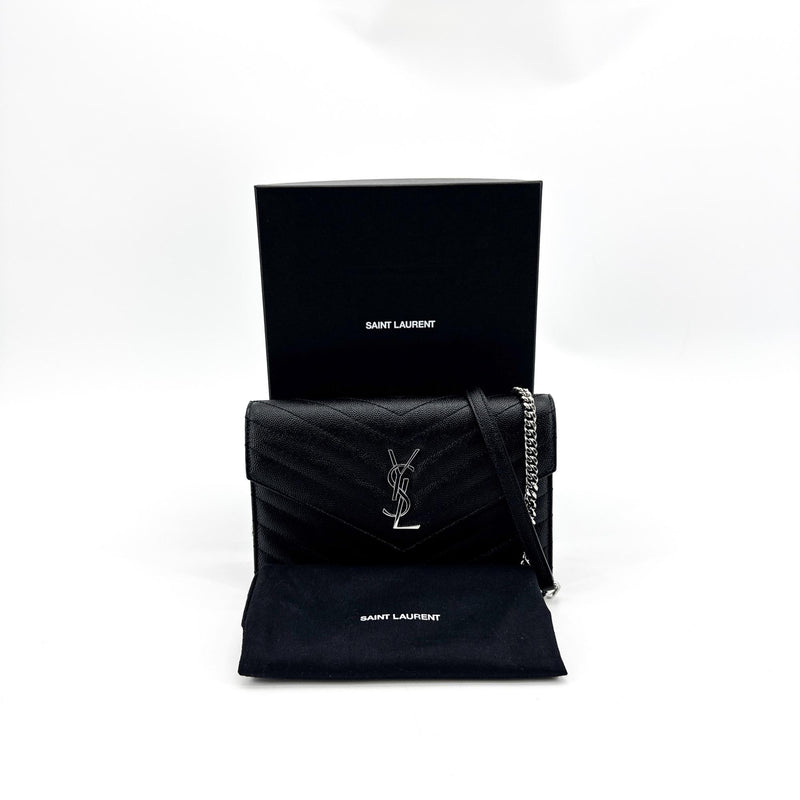 Saint Laurent Classic Monogram Wallet On Chain Matelasse Chevron Leather Black Bag