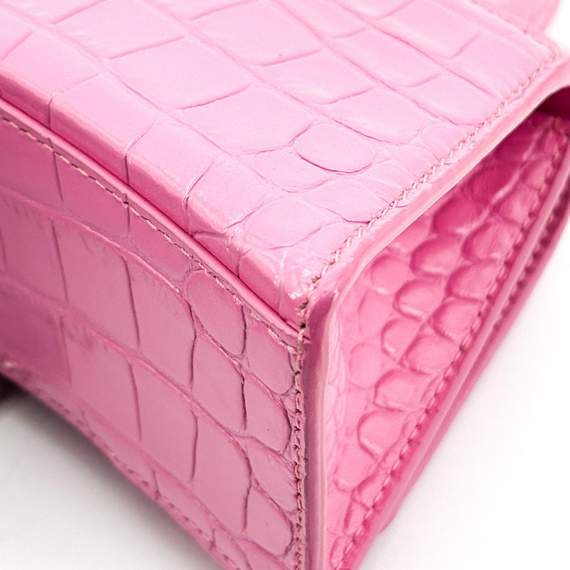 Balenciaga Hourglass Top Handle Crocodile Embossed Leather Pink Bag