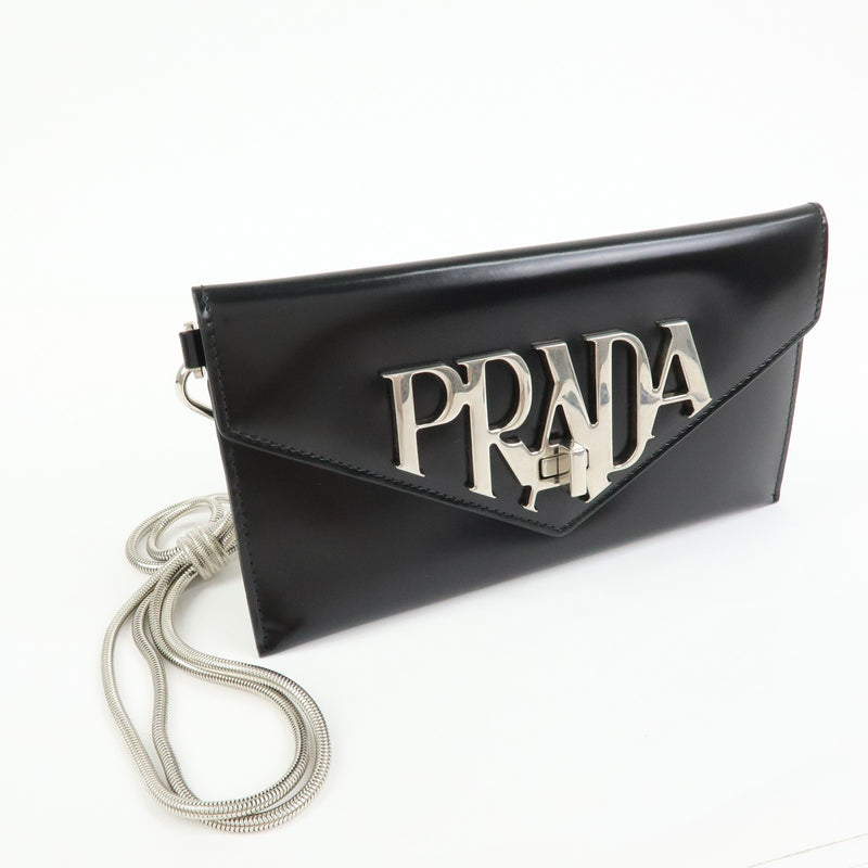 Prada Envelope Logo Clutch Spazzolato Leather Black