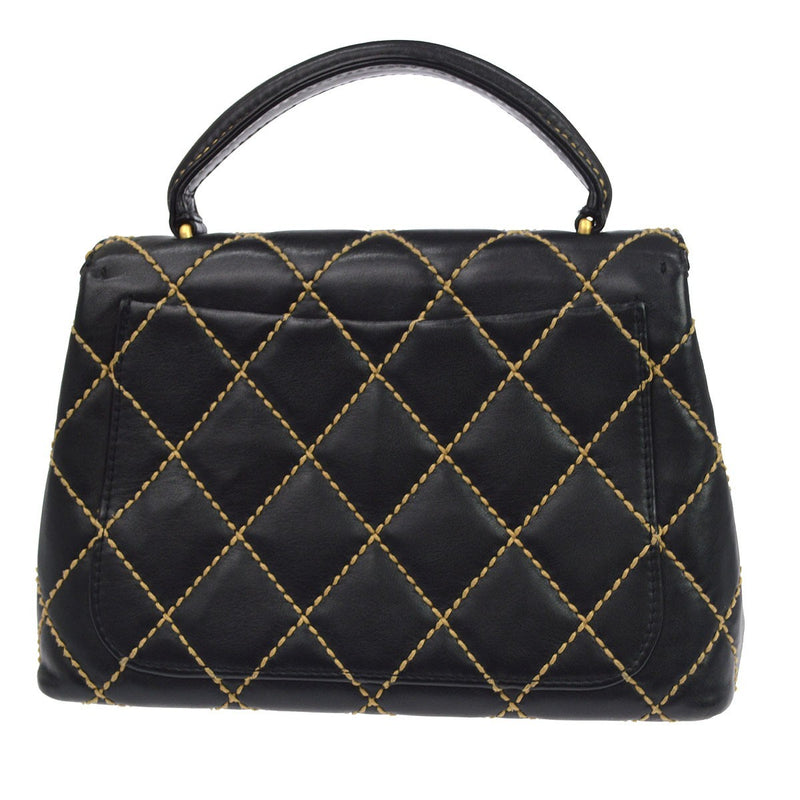 Chanel Surpique Classic Top Handle Flap Quilted Lambskin Black Leather Bag